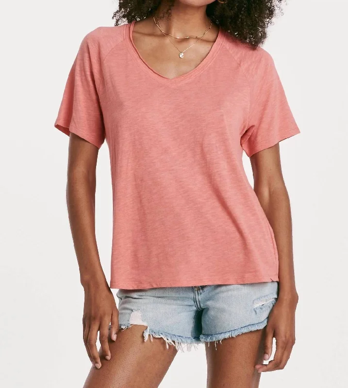Taylor Relaxed V-Neck Slubbed Basic Tee In Grapefruit Anti-Pilling Machine Wash Handmade