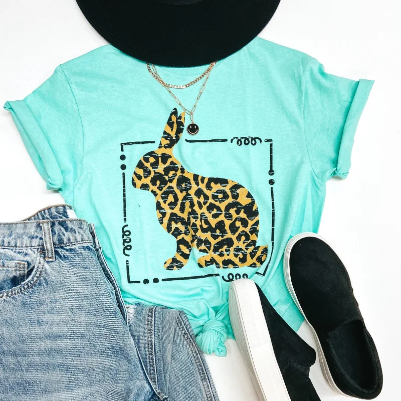 The Bunny Hop Leopard Print Bunny Easter Graphic Tee in Mint Seamless Knitted Crochet