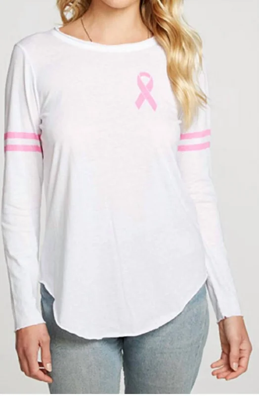 Vintage Jersey L/s Breast Cancer Awareness Charity Tee In White Boxy Fit Fitted Loose