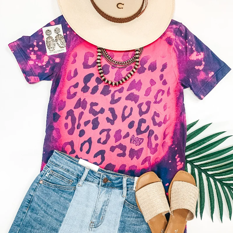 Vintage Leopard Short Sleeve Graphic Tee with Bleach Distressing in Magenta Terry Blend Velvet Blend Canvas Blend