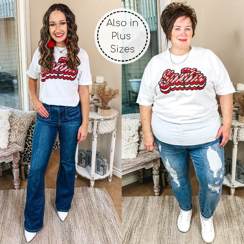 Candy Cane Stripe Retro Santa Graphic Tee in White Layered Multi-layer Single Layer