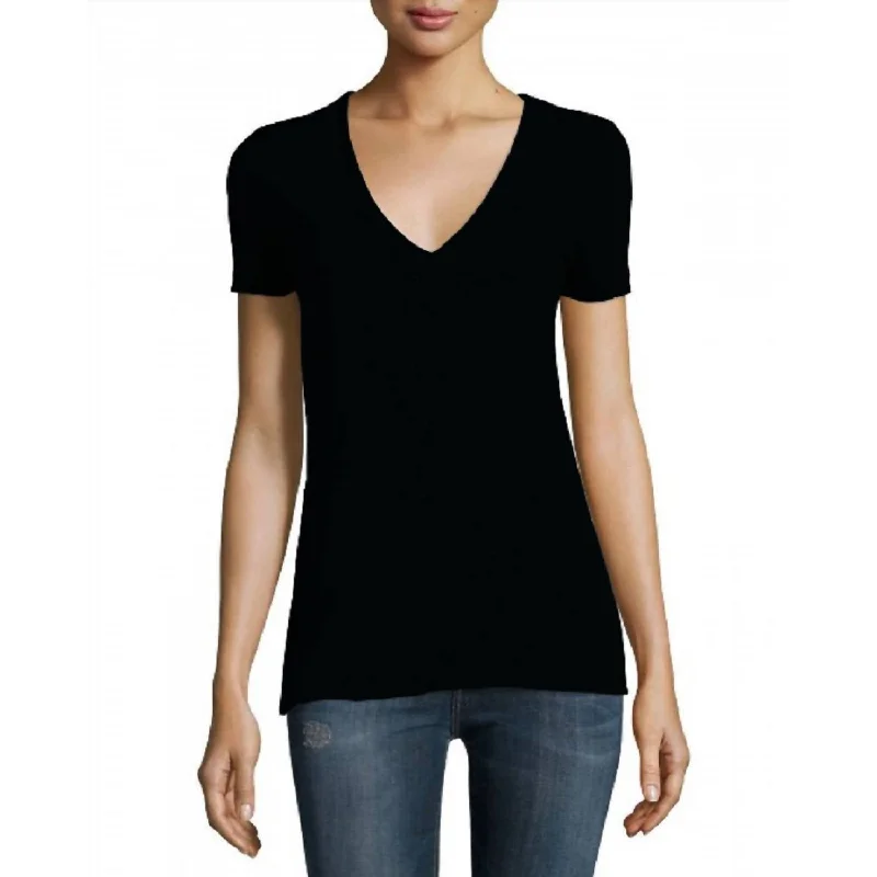 Women V-Neck Short Sleeve T-Shirt In Black Zippered Front Buttoned Front Snap Front
