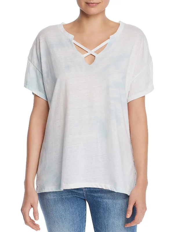 Womens Criss-Cross Neck Side Tie T-Shirt Spandex Blend Rayon Blend Denim Blend