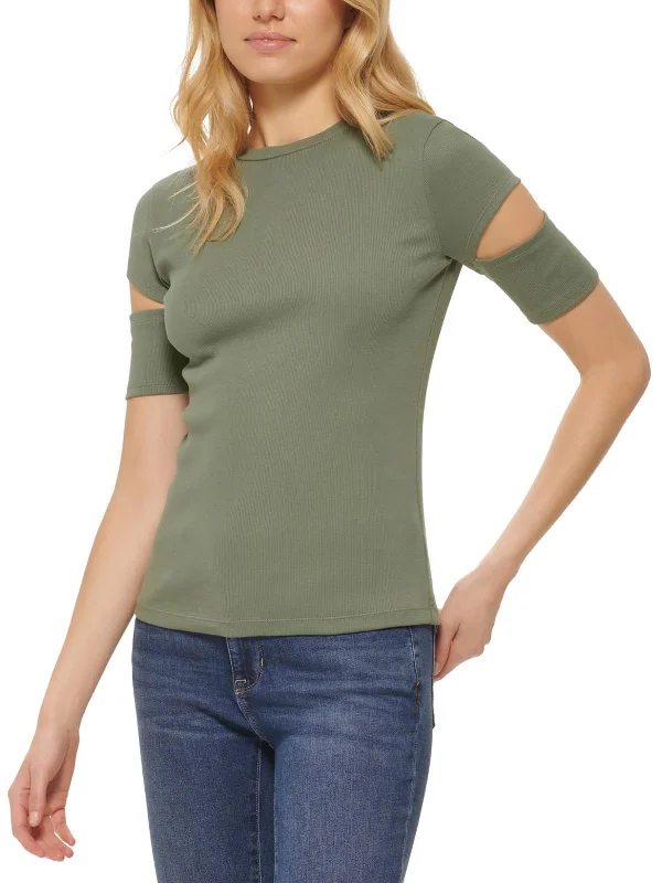 Womens Cut-Out Crewneck T-Shirt Spandex Blend Rayon Blend Denim Blend