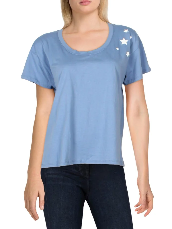 Womens Scoop Neck Knit T-Shirt Spandex Blend Rayon Blend Denim Blend