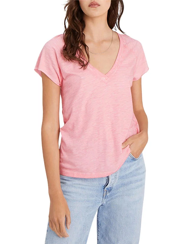 Womens V Neck Knit T-Shirt Polka Dot Checkered Tartan
