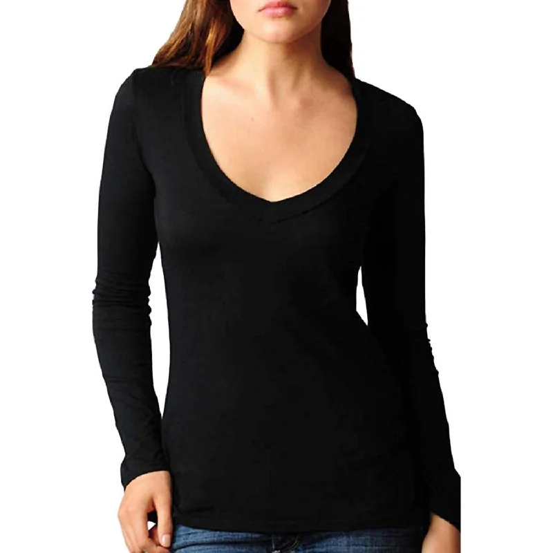 Women's V-Neck Long Sleeve T-Shirt In Black Casual Formal Business
