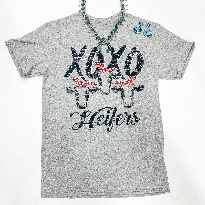 XOXO Heifers Short Sleeve Graphic Tee in Heather Grey Silk Blend Satin Velvet