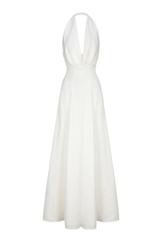 ANIYA WHITE SATIN V-NECK GOWN