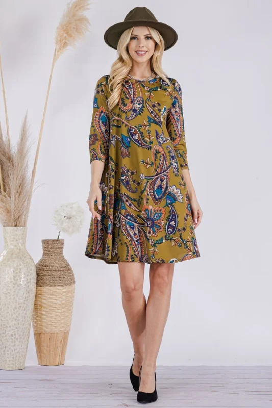 Blue Zone Planet |  Celeste Full Size Paisley Print Round Neck Dress with Pockets