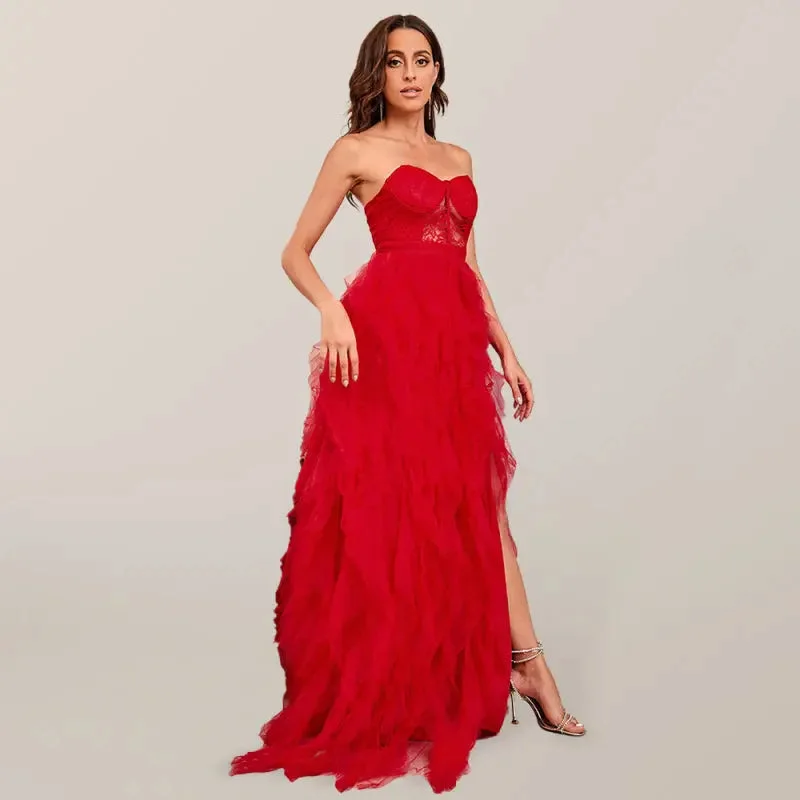 Emily's Spring-Summer Plus Size Lace Mesh Tube Top Floor-Length Dress
