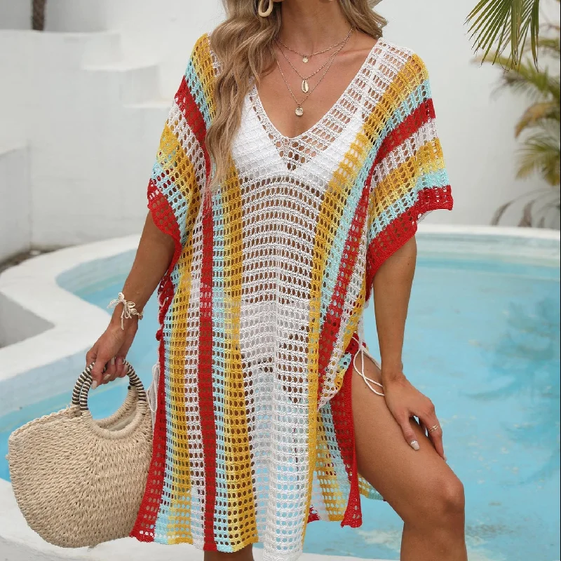 Factory Wholesale Women Sexy V Neck Color Striped Beach Knitted Coverups Dress