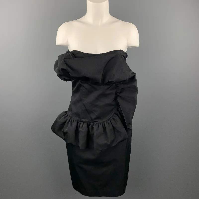 GIAMBATTISTA VALLI Size 8 Black Cotton / Silk Ruffled Strapless Cocktail Dress