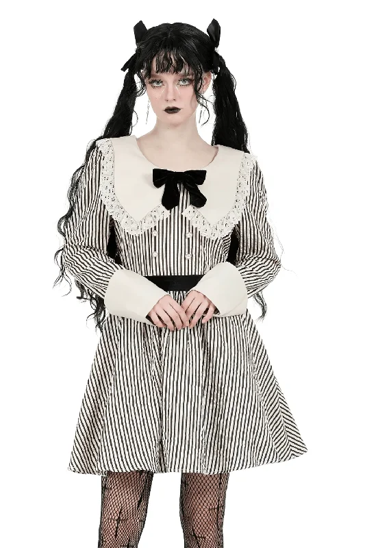 Gothic Victorian Striped Dress with Lace Collar and Cuffs