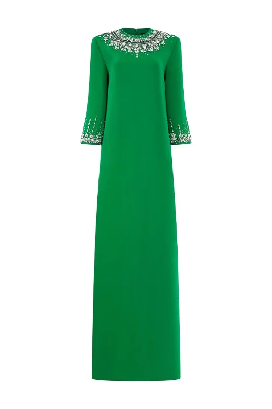 GREEN MIDDLE SLEEVE STONE EMBELLISHED GOWN