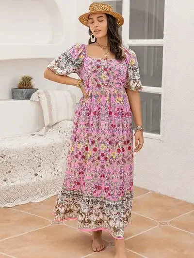 Blue Zone Planet |  Plus Size Printed Square Neck Ruffle Hem Dress