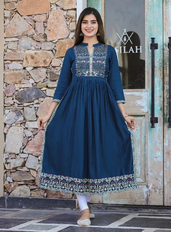 Rayon Printed Teal Side Slit Long Ethnic Dress (set of 1)