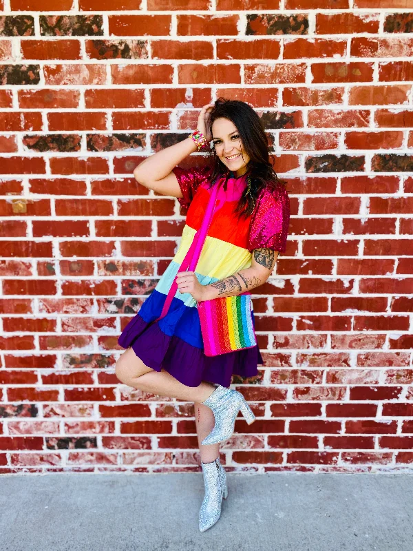 Whimsical Rainbow Sequin Puff Sleeve Collared Dress