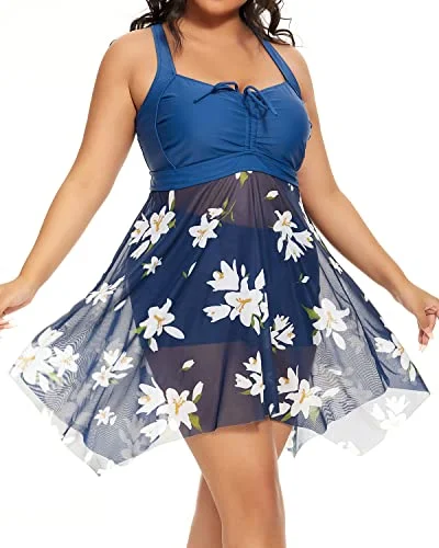 Flowy Mesh Bathing Suit Dress Adjustable Drawstring For Women-Blue White