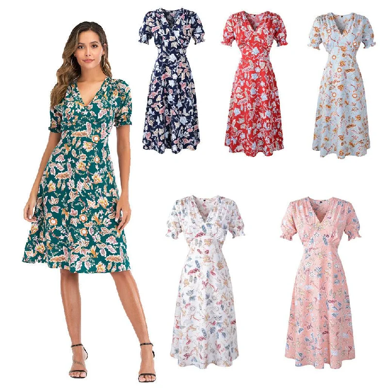 Summer New Style Bohemian V Neck Print Dress Beach Skirt