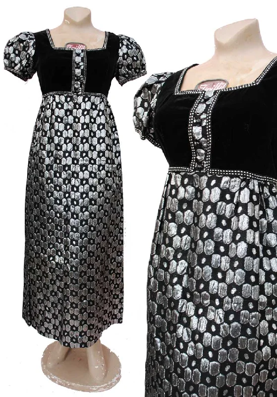 1960s Vintage Silver Lame & Black Velvet Empire Line Evening Dress • Maxi Dress Classic A-Line Maxi Dress