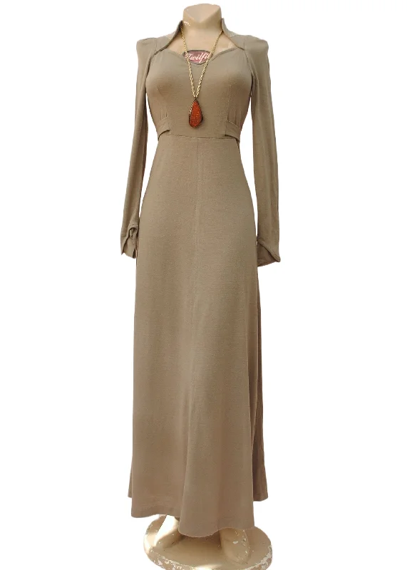 1970s Mushroom Beige Maxi Dress Elegant Pleated Maxi Dress