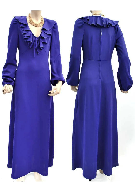 1970s Vintage Purple Maxi Dress • Balloon Sleeves • Ruffle Front • Plunging Neckline Classic Solid Maxi Dress