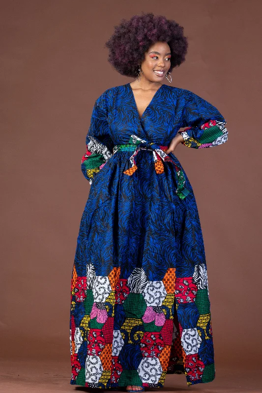 Abas Ankara Maxi Dress | Blue African Print Elegant Maxi Dress with Slit