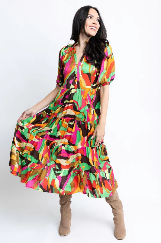 Abstract Satin Tier Maxi Dress Fashionable Sheer Maxi Dress