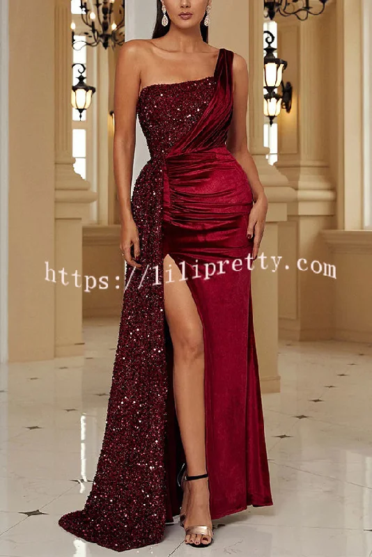 Taylor Sequin Velvet Patchwork One Shoulder Ruched Slit Prom Maxi Dress Classic Tulle Maxi Dress