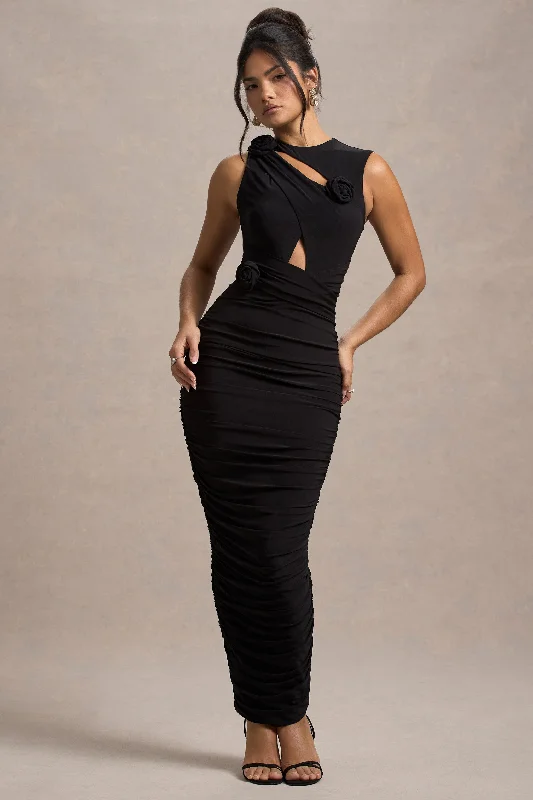 Audelia | Black Cut-Out Maxi Dress With Floral Corsages Trendy Short Sleeve Maxi Dress