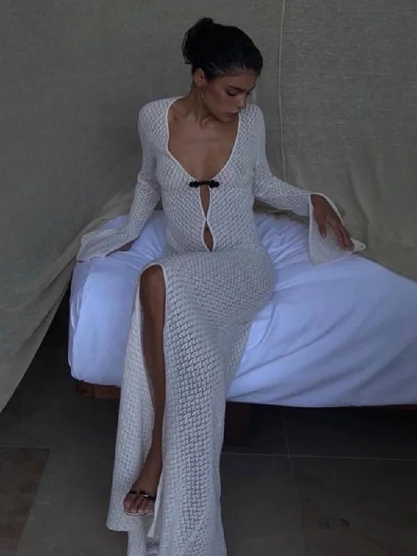 Zjkrl Summer Beach Holiday Knitted Maxi Dress Outfits for Women Party Club Long Sleeve See Through Dresses Hollow Out Fashionable Sheer Maxi Dress