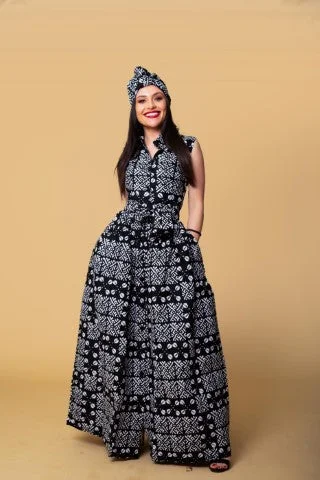 Alkeba Ankara Maxi Dress | Black and White African Tribal Print Casual Maxi Dress with Pockets