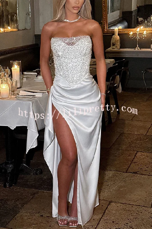 Amazing Dream Sequin Satin Patchwork Off Shoulder Ruffles Drape Slit Maxi Dress Comfortable Ruffle Maxi Dress