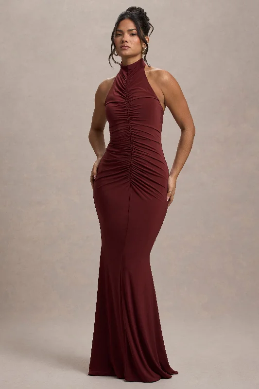 Arietta | Port High-Neck Ruched Fishtail Maxi Dress Comfortable Pleated Maxi Dress