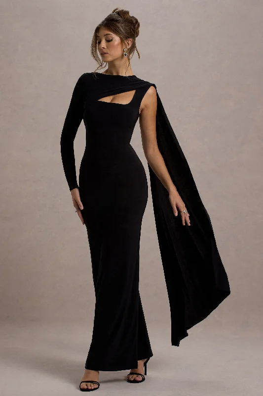 Ashini | Black One-Sleeve Maxi Dress With Cape Trendy Off-Shoulder Ruffle Maxi Dress