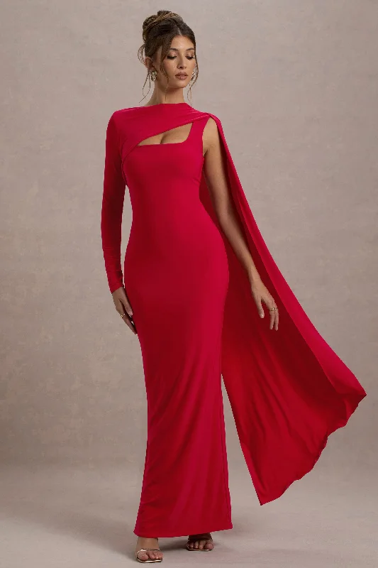 Ashini | Red One-Sleeve Maxi Dress With Cape Comfortable Maxi Dress with Sleeves
