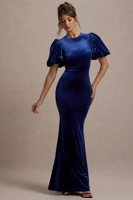 Ashlin | Navy Velvet Puff-Sleeve Maxi Dress Chic Sleeveless Maxi Dress