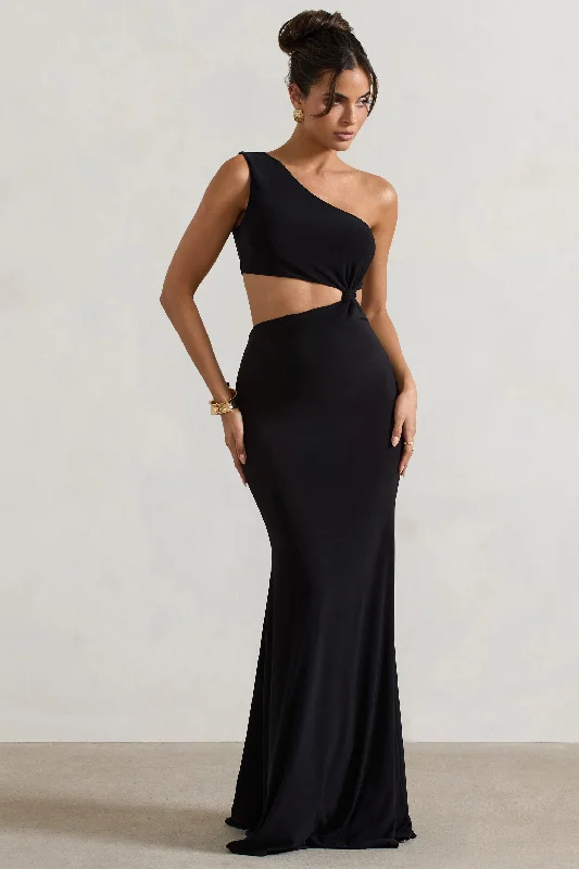 Aspyn | Black Asymmetric Twisted Cut-Out Fishtail Maxi Dress Comfortable Flowy Maxi Dress