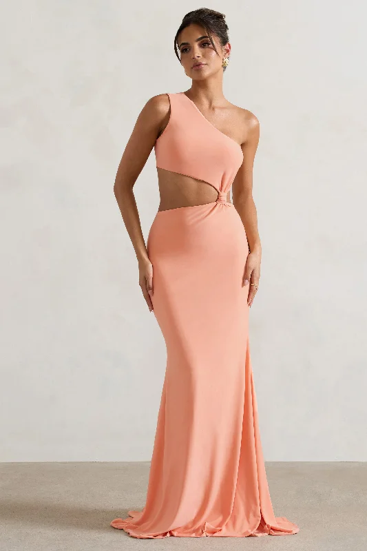 Aspyn | Coral Asymmetric Twisted Cut-Out Fishtail Maxi Dress Comfortable Maxi Dress with Belt