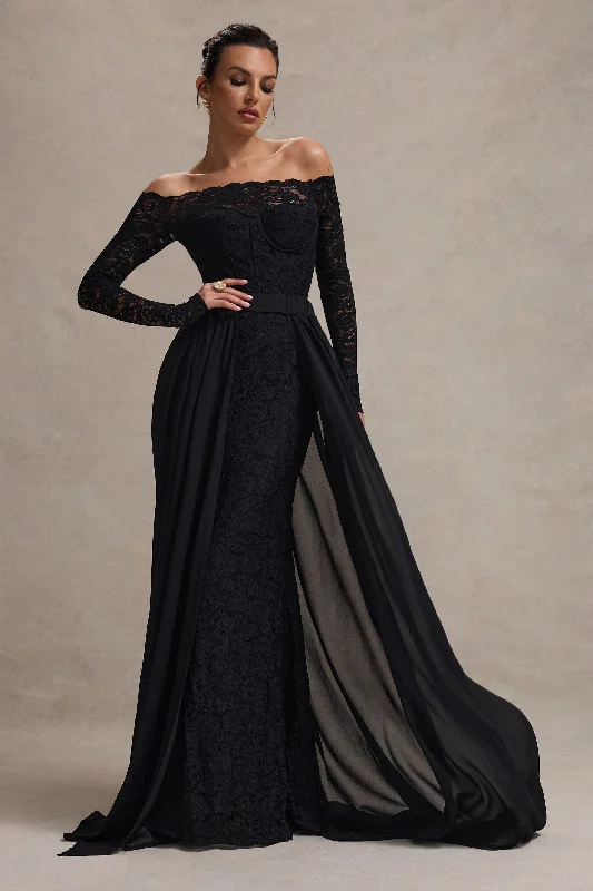 Astoria | Black Lace Bardot Maxi Dress With Chiffon Skirt Fashionable Maxi Dress with Fringe