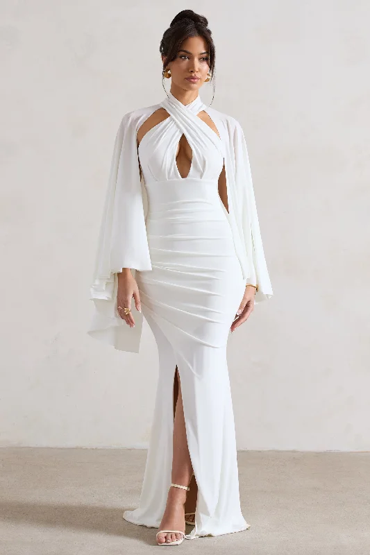 Audrina | White Ruched Halter-Neck Split Maxi Dress With Cape Elegant Sleeveless Maxi Dress