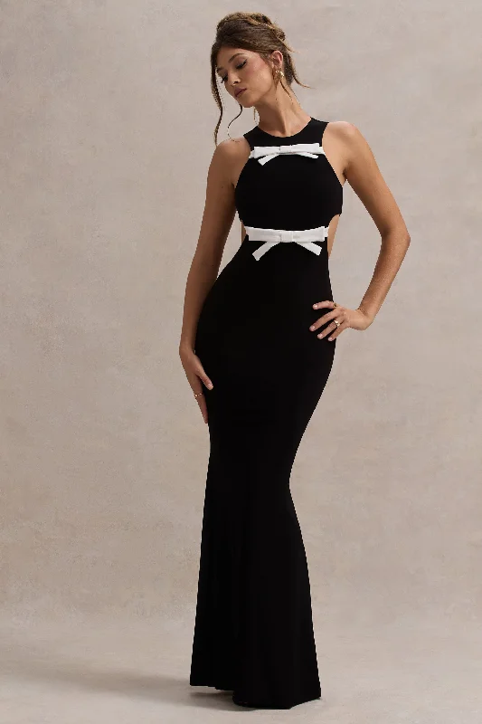 Aurelie | Black Cut-Out Maxi Dress With Bows Elegant Velvet Maxi Dress