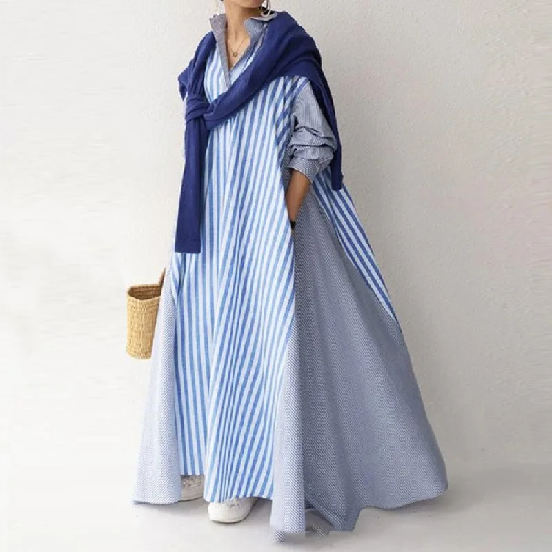 Zjkrl - Autumn Casual Loose Maxi Dress Women Vintage Turn-down Collar Striped Shirt Boho Beach Wedding Long Office Vestidos Fashionable Button-Down Maxi Dress