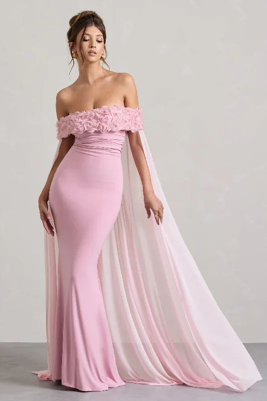 Avant Garde | Blush Pink Floral Bardot Fishtail Maxi Dress With Mesh Cape Stylish Pleated A-Line Maxi Dress
