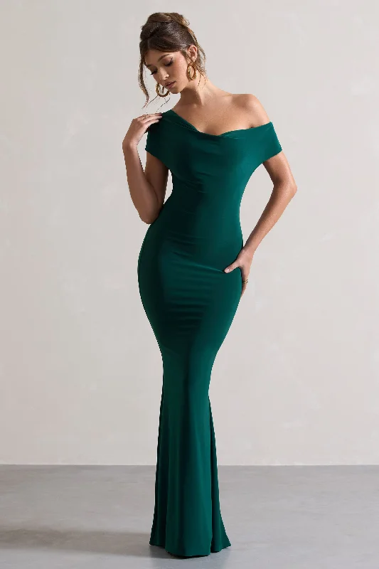 Avila | Bottle Green Asymmetric Bardot Maxi Dress Comfortable Casual Maxi Dress