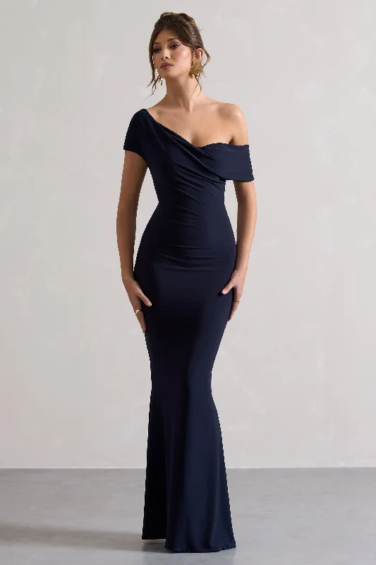 Avila | Navy Asymmetric Bardot Maxi Dress Fashionable Halter Neck Maxi Dress