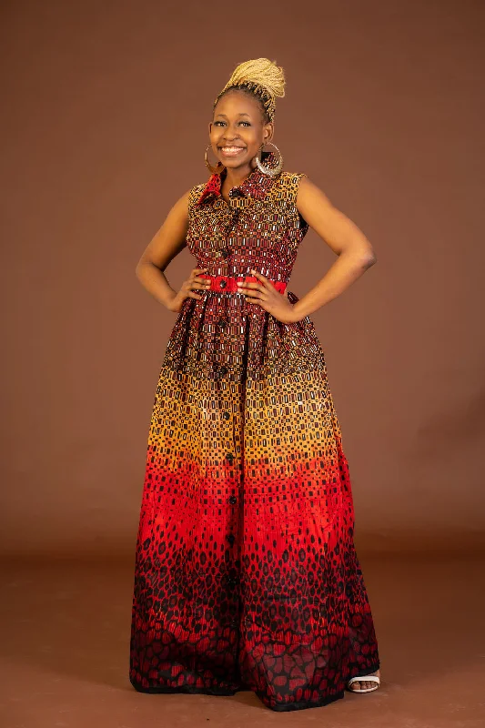 Awah Ankara Maxi Dress | Red and Yellow African Print Cozy Maxi Dress with Slit