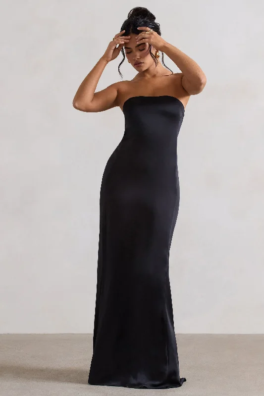 Azra | Black Satin Bandeau Maxi Dress Comfortable Ruffle Hem Maxi Dress