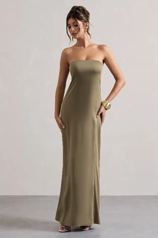 Azra | Olive Satin Bandeau Maxi Dress Elegant Floral Maxi Dress